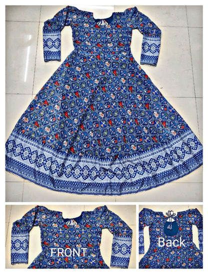 Blue printed georgette gown for women with full sleeves and intricate floral patterns