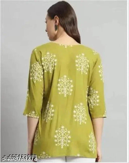 13374 Printed Rayon Green Kurti for Women