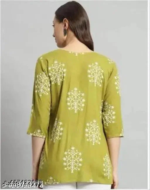 13374 Printed Rayon Green Kurti for Women