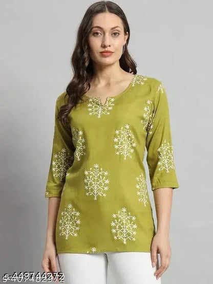 13374 Printed Rayon Green Kurti for Women