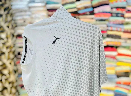 White men's breathable athletic tee for summer with gray dot pattern and black logo