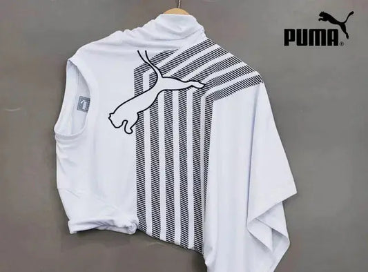 Puma white athletic t-shirt for men featuring black striped design and leaping puma logo