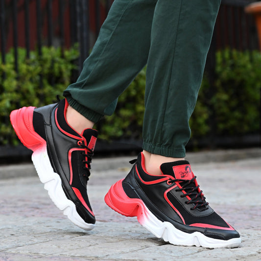 Black and red sports shoes for men with thick white sole, ideal red sports shoes for men