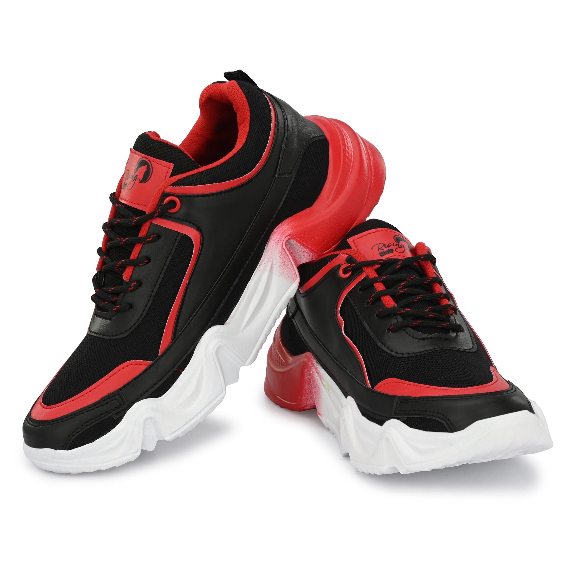 Red sports shoes for men with black accents and thick white sole for athletic performance
