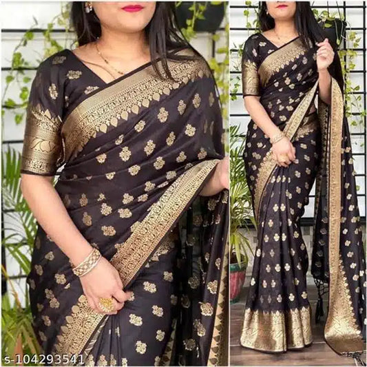 Black Banarasi silk saree with blouse featuring gold brocade motifs and wide zari border