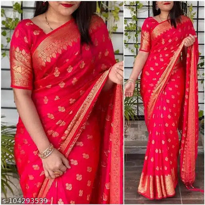 Red Banarasi silk saree with blouse featuring gold zari floral motifs and wide ornate border on model