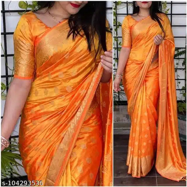 Banarasi silk saree with blouse in bright orange gold woven zari border and traditional motifs on model