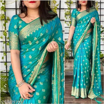 Teal Banarasi silk saree with blouse featuring gold zari floral motifs and matching elbow length blouse