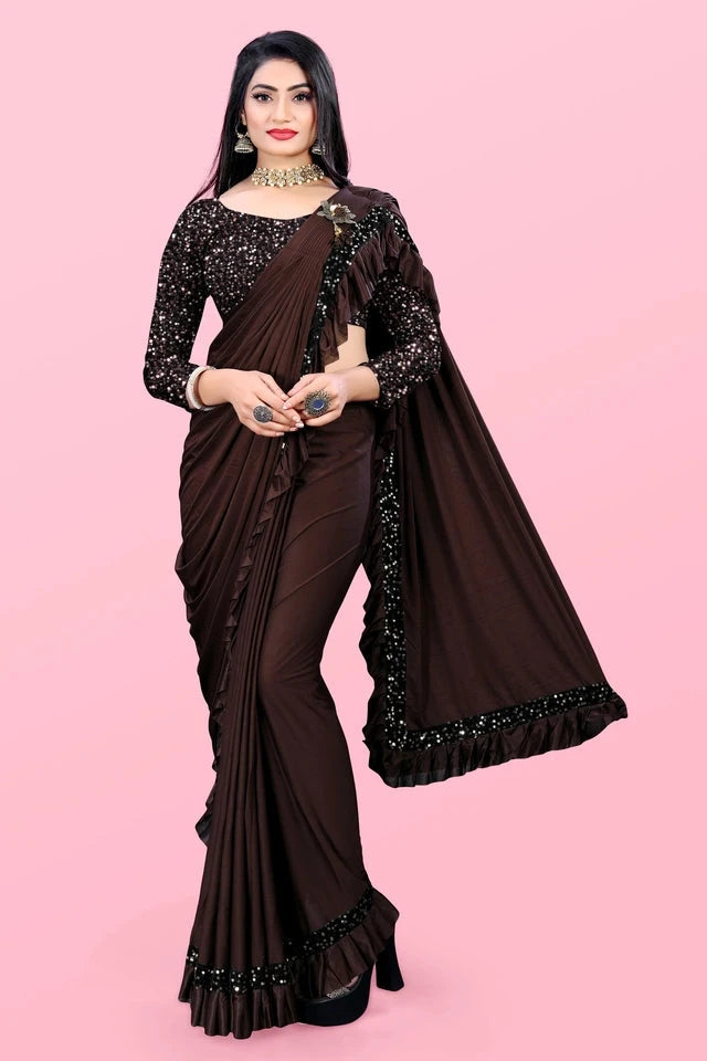 Elegant brown affordable party wear saree for women with sequined blouse and ruffled border