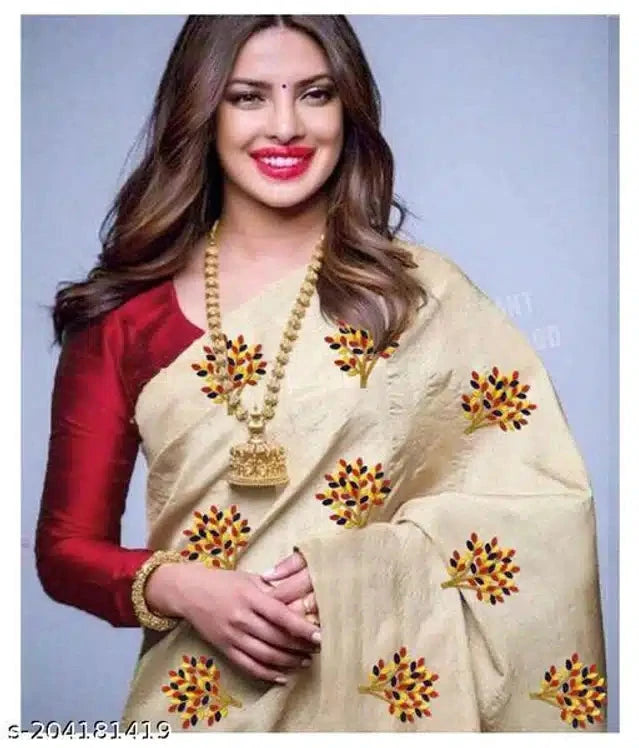 Elegant jacquard saree for women in cream with multicolor floral patterns worn with maroon blouse