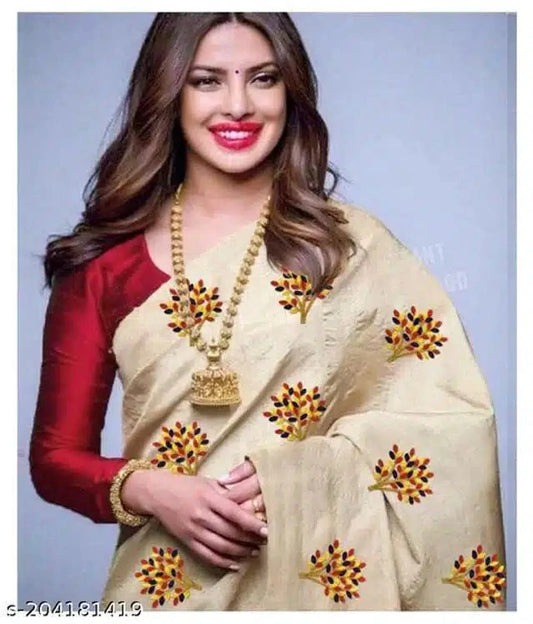 Elegant jacquard saree for women in cream with multicolor floral patterns worn with maroon blouse
