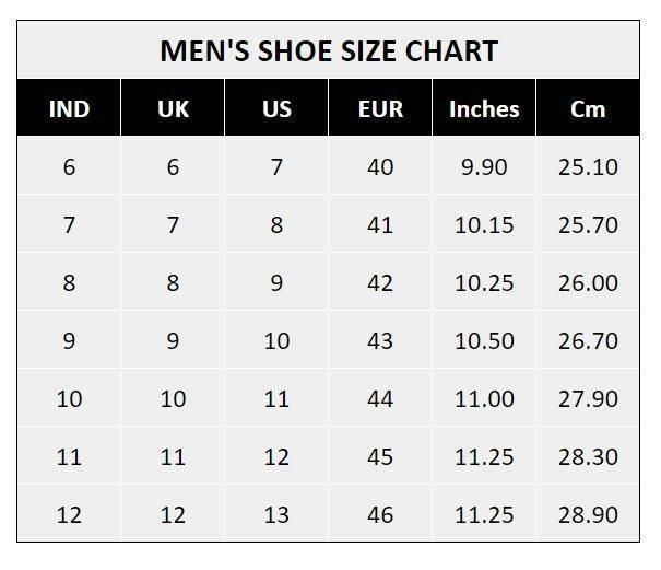 Men's shoe size chart showing IND UK US EUR sizes with inches and cm measurements for stylish slip on shoes for men