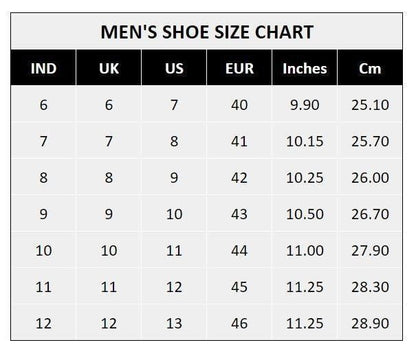 Men's shoe size chart showing IND UK US EUR sizes with inches and cm measurements for stylish slip on shoes for men