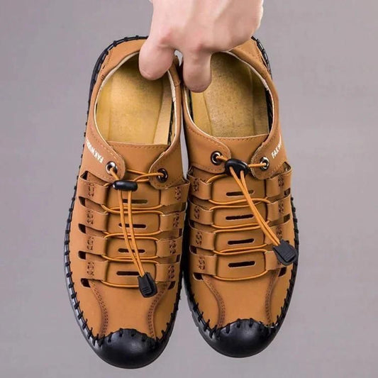 Brown stylish slip on shoes for men with black toe caps and adjustable laces for casual wear