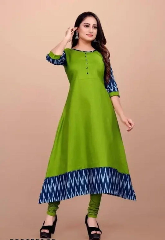 Green A line womens gown with blue ikat hem and cuffs three quarter sleeves front buttons classic designer gown for women