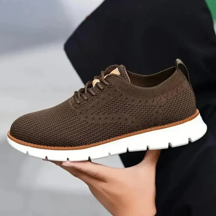 Brown mesh casual shoes for men with white cushioned sole and lace-up design